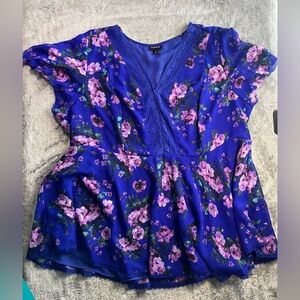 torrid Royal Blue Floral Lace-Trim Peplum Top